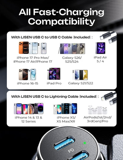 LISEN 90W USB C Car Charger USB C Fast Charge, 45W PD&QC 3.0 Fast Car Charger
