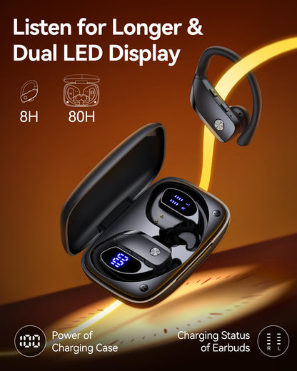 bmani Ear Buds Wireless Earbuds Bluetooth Headphones with 80H Playtime LED Display Case, Over-Ear Hook with Mic, Stereo Sound, Easy Button Controls, Sports Earphones for Running Workout Gym Black
