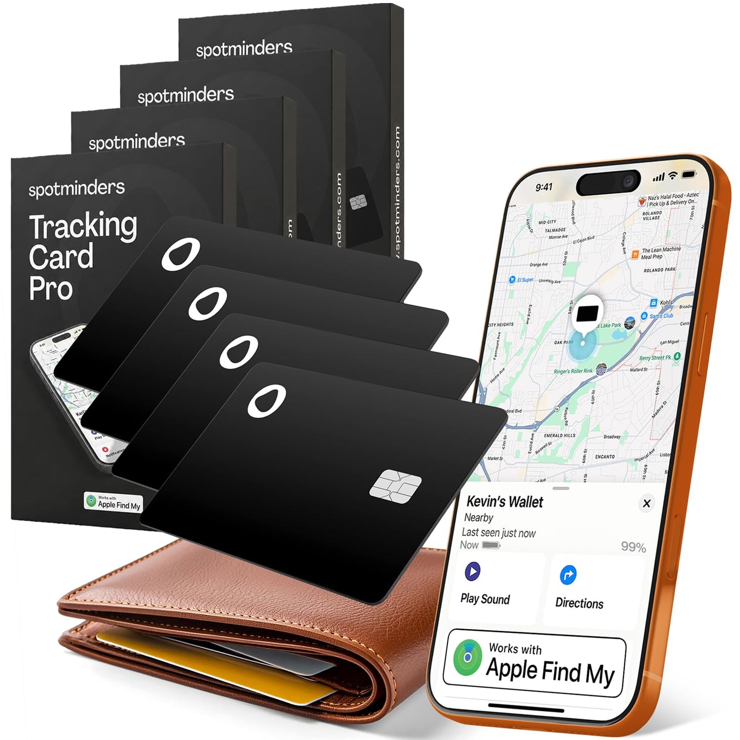SPOTMINDERS Apple MFi Certified Wallet Tracking Card Black 4-Pack Travel Gifts for Him Works with Apple Find My Rechargeable Tracker IP68 Waterproof 0.07" Slim iPhone Item Finder for Luggage Passport