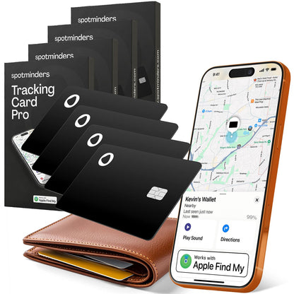 SPOTMINDERS Apple MFi Certified Wallet Tracking Card Black 4-Pack Travel Gifts for Him Works with Apple Find My Rechargeable Tracker IP68 Waterproof 0.07" Slim iPhone Item Finder for Luggage Passport