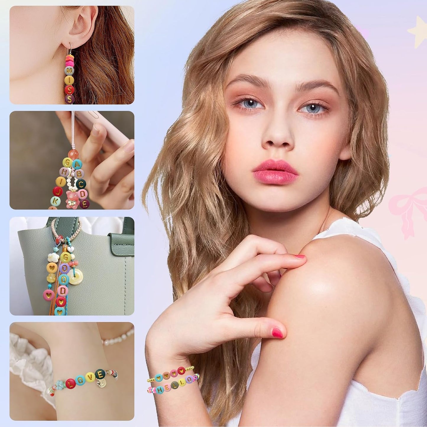 Looconi 810pcs Gold Letter Beads Square 6x6mm White Cube Acrylic Alphabet A-Z with Heart Pattern and Crystal Line for Jewelry Making