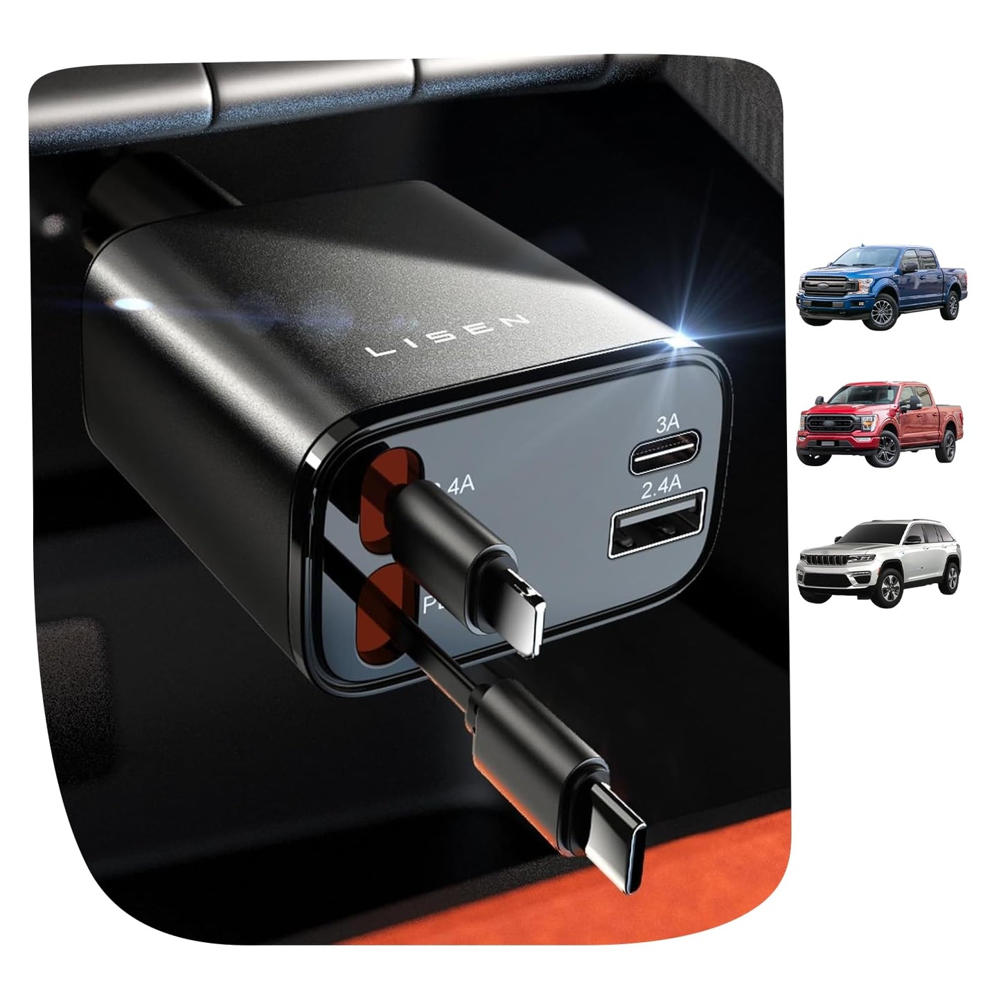 LISEN Retractable Car Charger, 84W Car Charger USB C Fast Charge, 4 in 1