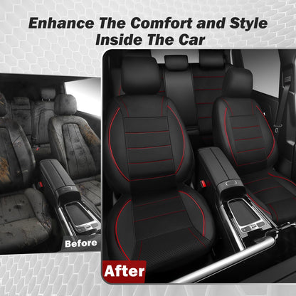 CAR PASS Universal FIT Piping Leather Car Seat Cover, for suvs,Van,Trucks,Airbag Compatible,Inside Zipper Design and Reserved Opening Holes (Full Set, Black and Red)
