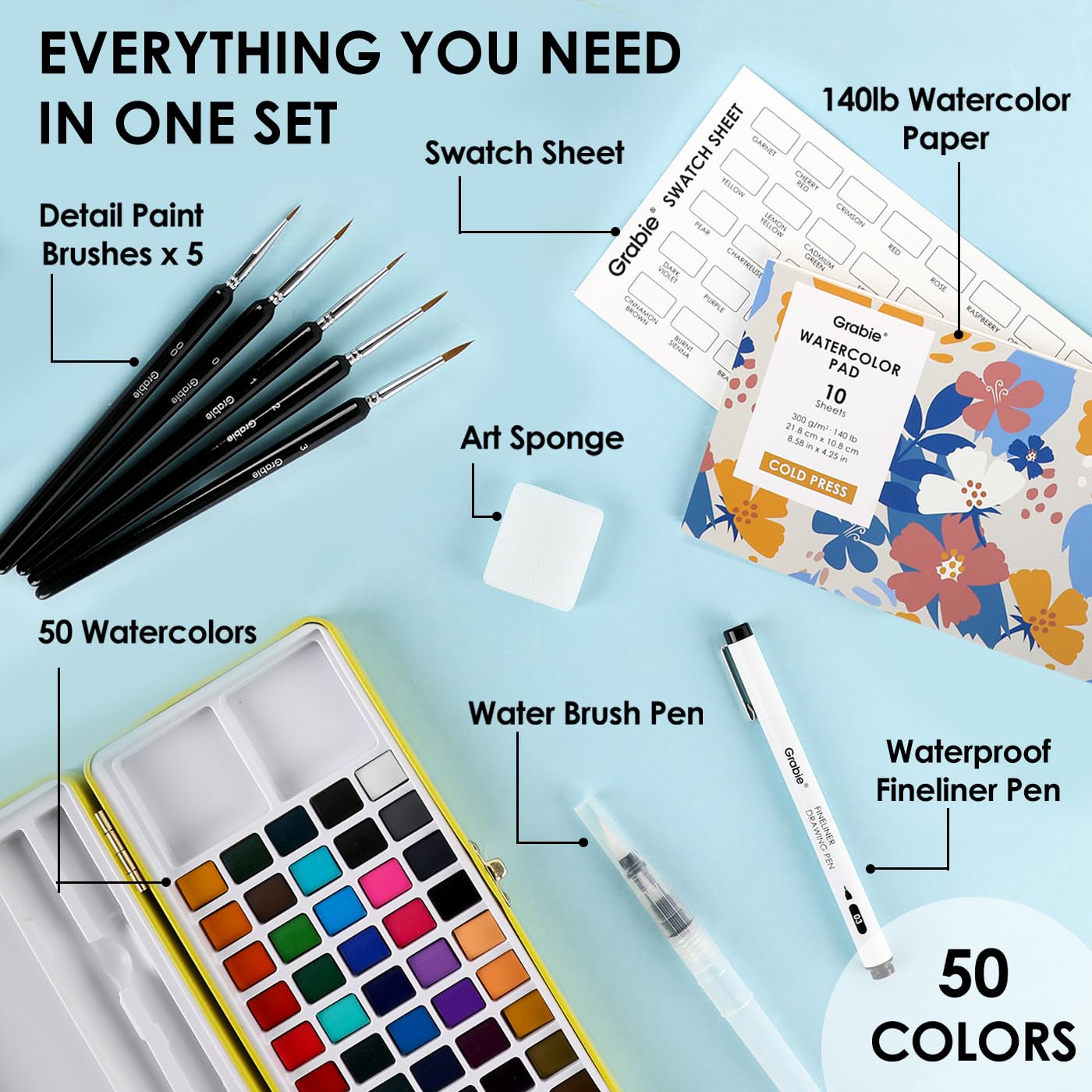 Grabie 50 Color Watercolor Paint Set with Brush Pens