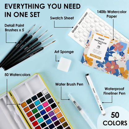 Grabie 50 Color Watercolor Paint Set with Brush Pens