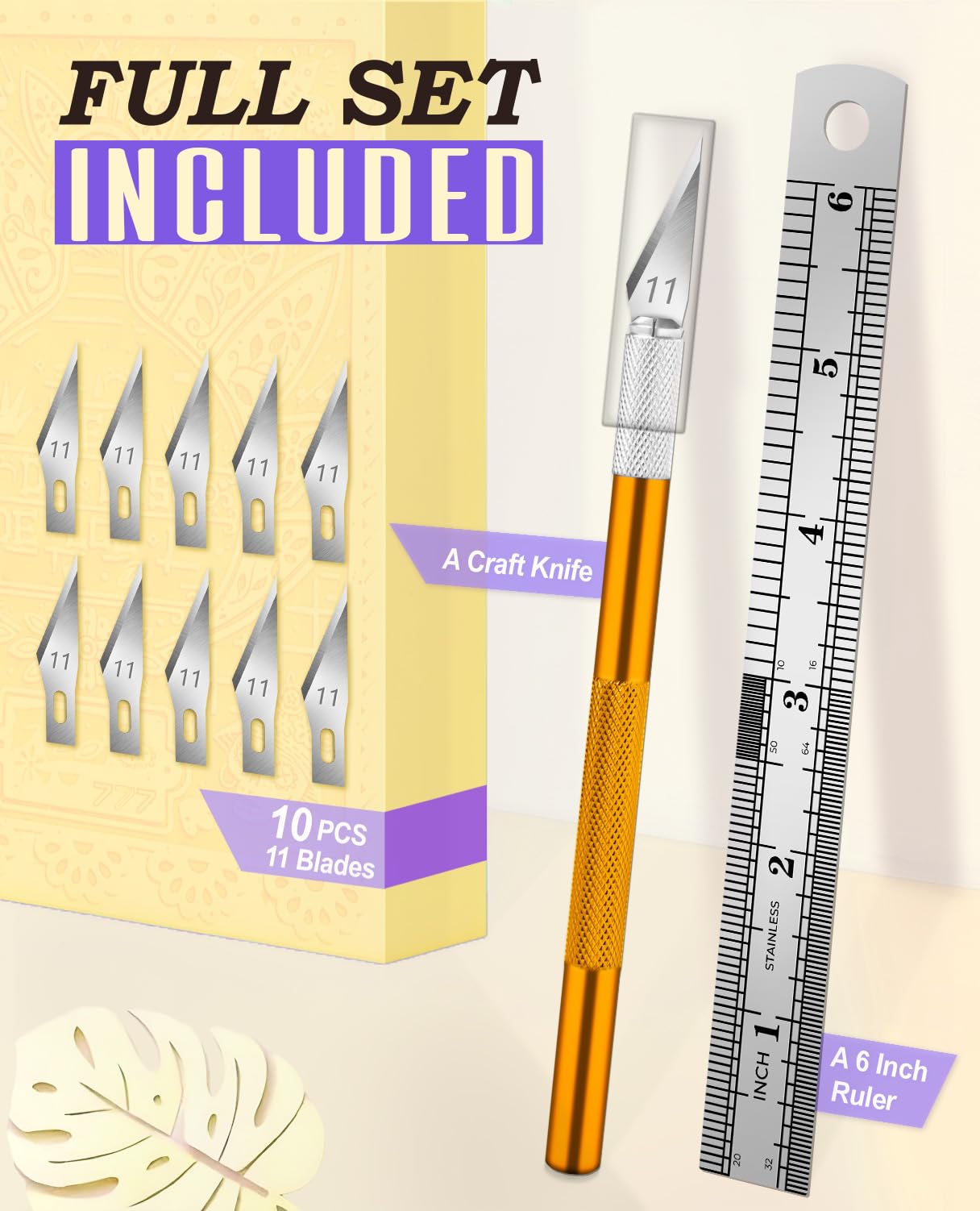 DIYSELF Exacto Knife Set with 10 Extra #11 Blades, 6-Inch Metal Ruler, Pink