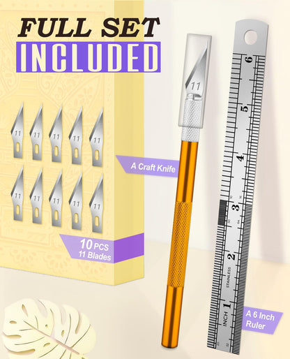 DIYSELF Exacto Knife Set with 10 Extra #11 Blades, 6-Inch Metal Ruler, Pink