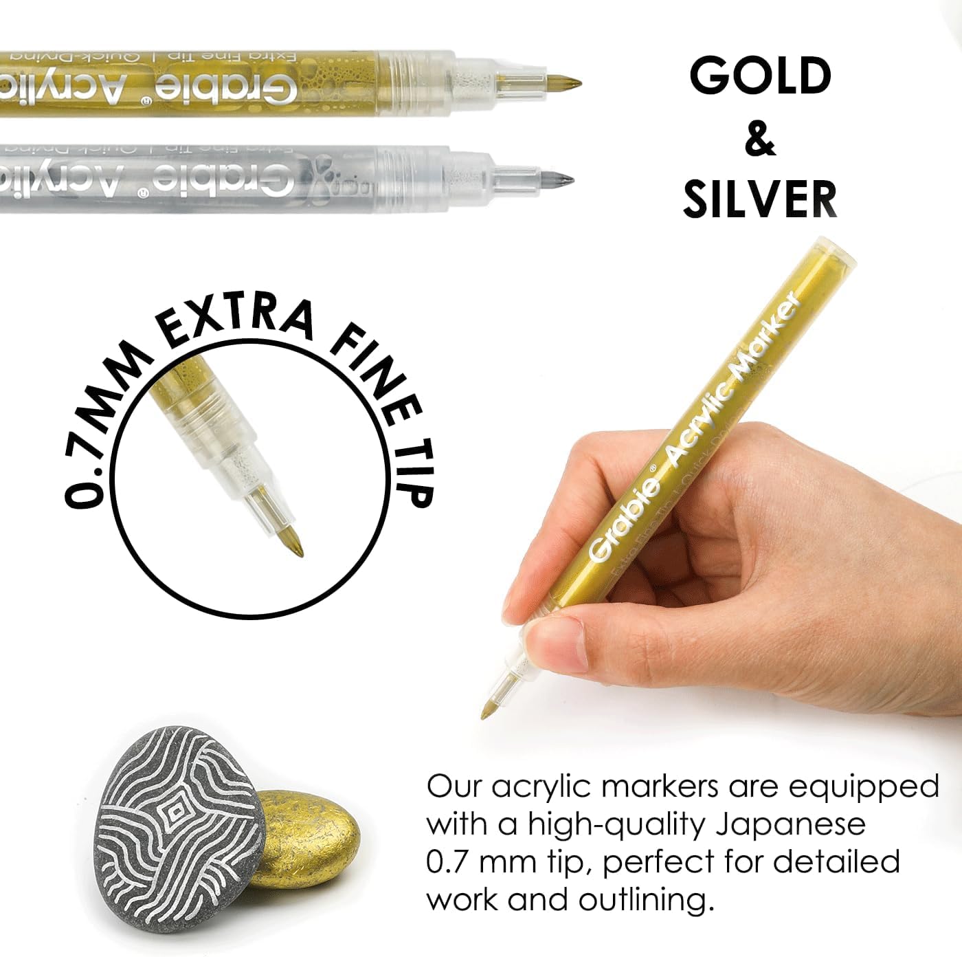 Grabie 6 White Acrylic Paint Markers, 0.7 mm Extra Fine Tip