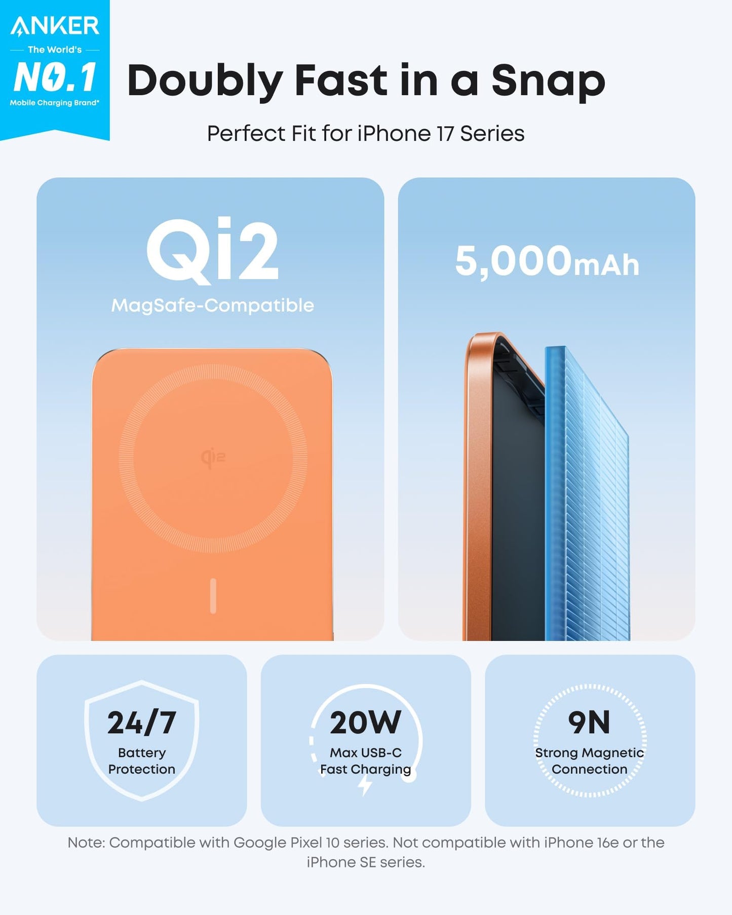 Anker Nano Magnetic Power Bank, 5,000mAh Qi2-Certified 15W Portable Charger