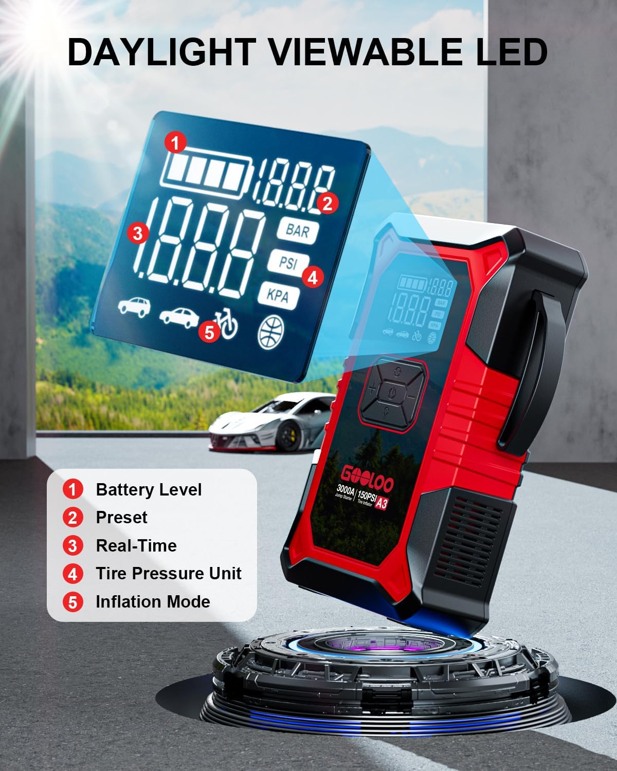 GOOLOO A3 12V 3000A Portable Jump Starter with Air Compressor