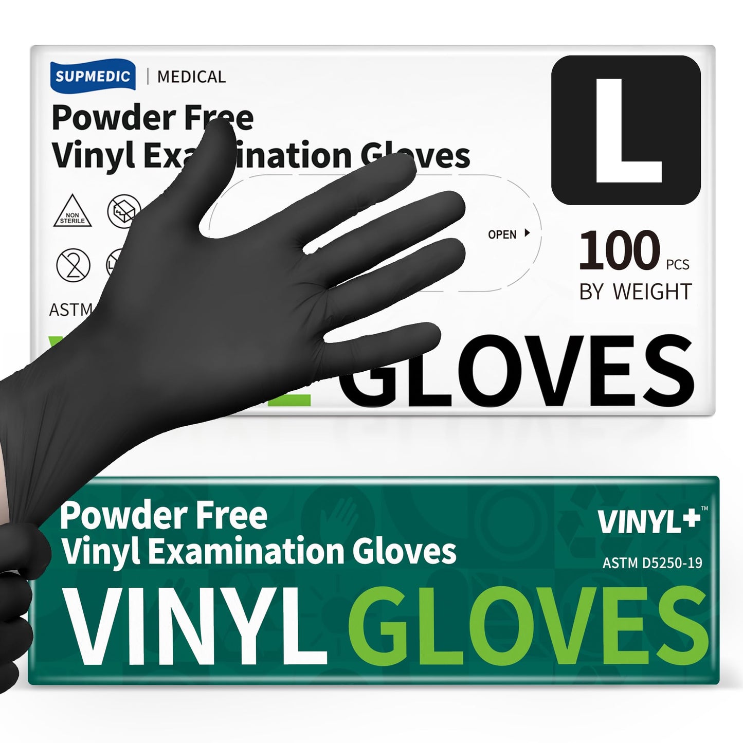 Supmedic Vinyl Disposable Exam Gloves, Black 4Mil Powder-Free Latex-Free Medical Food Safe Cooking Cleaning Glove 100 &1000Ct