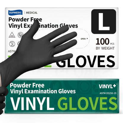 Supmedic Vinyl Disposable Exam Gloves, Black 4Mil Powder-Free Latex-Free Medical Food Safe Cooking Cleaning Glove 100 &1000Ct