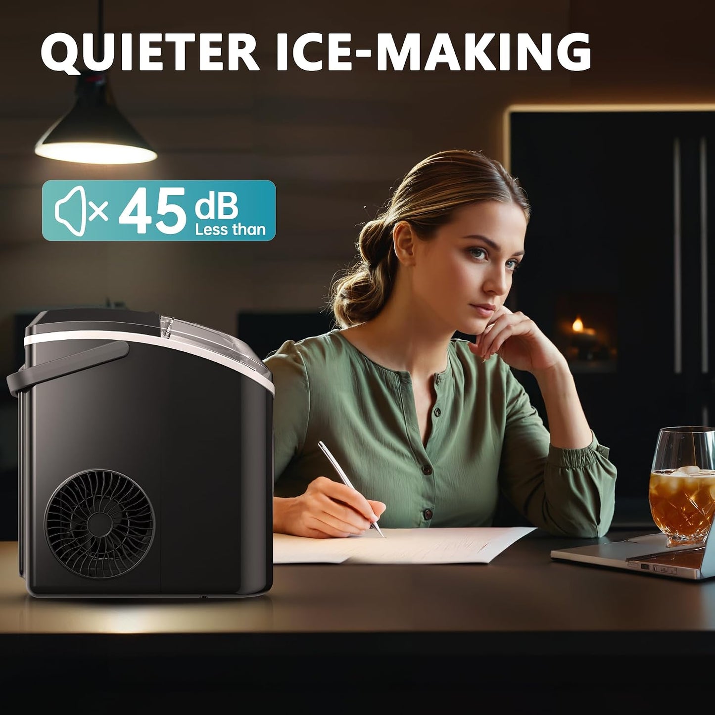 EUHOMY Nugget Ice Maker Countertop with Handle, Ready in 6 Mins, 34lbs Per Day, Removable Top Cover, Auto-Cleaning, Portable Sonic Ice Maker with Basket and Scoop, for Home/Party/RV/Camping (Black)