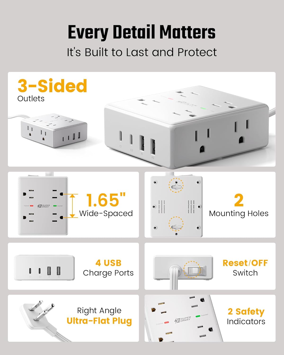 SUPERDANNY Extension Cord,Flat Plug Surge Protector Power Strip,6Ft