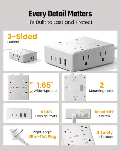 SUPERDANNY Extension Cord,Flat Plug Surge Protector Power Strip,6Ft