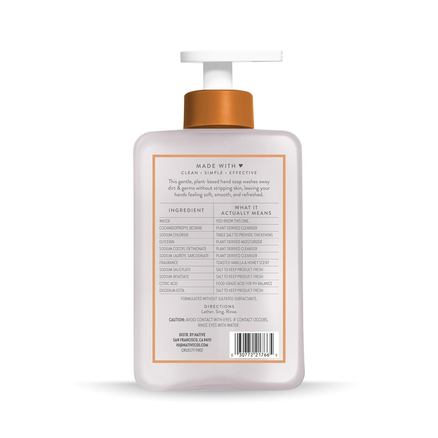 Native Liquid Hand Soap, Toasted Vanilla & Honey Scent, Non-Drying Formula for Soft, Smooth Hands, Made with Plant-Based Cleansers, Sulfate & Paraben Free, 13 oz Bottle