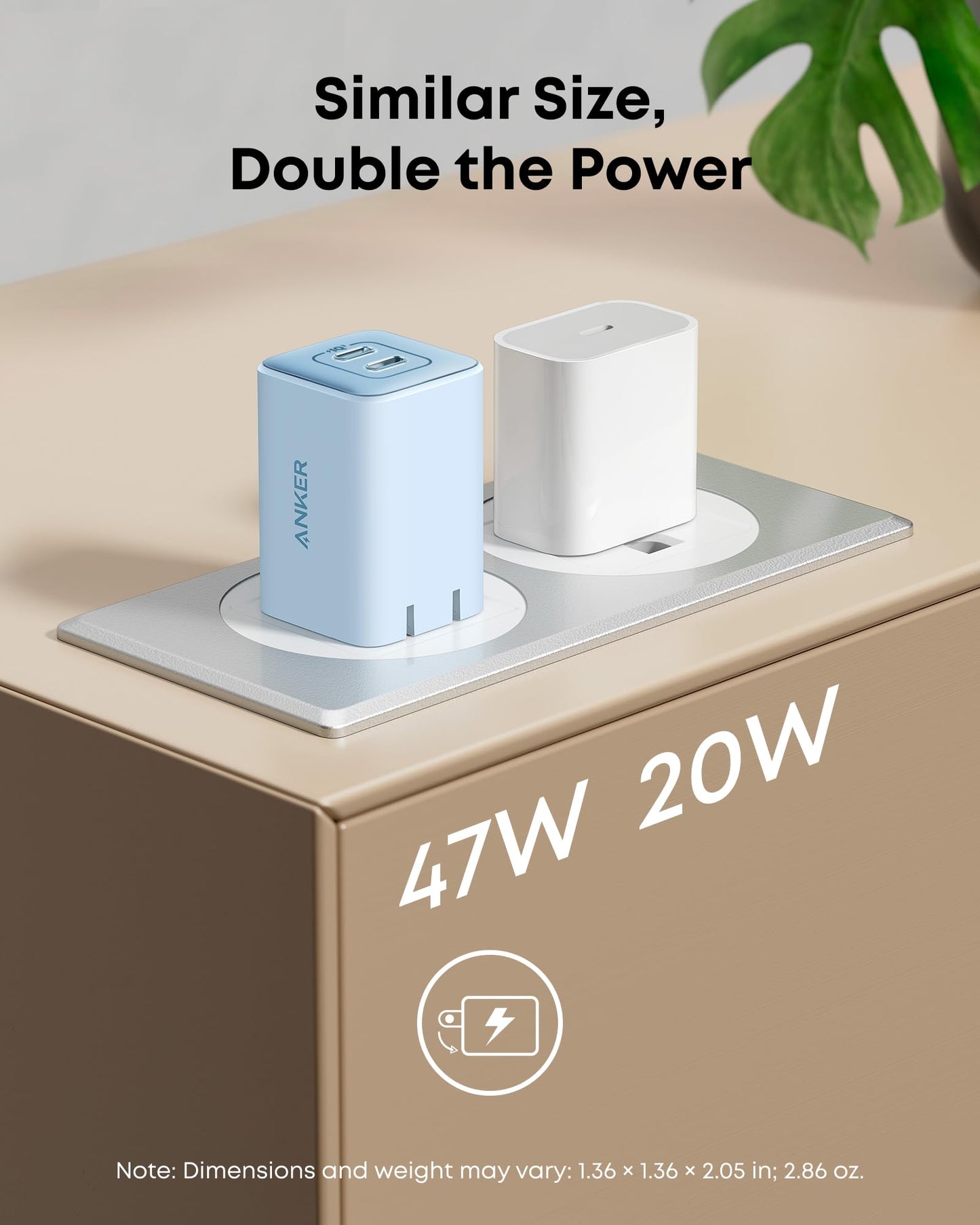 Anker Nano Phone Charger,47W Max 2-Port GaN Fast Charger USB C