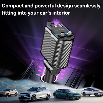 Retractable Car Charger, 4-in-1 Fast Charger with USB-C & USB-A