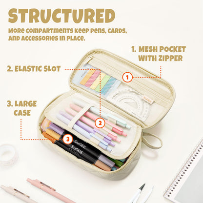 SUNEE Cute Pencil Case, Soft Corduroy Large Capacity Pencil Pouch, Aesthetic Zipper Pencil Bag, Big Storage Pen Organizer for Stationery, Pencil Box Back to School Supplies for Teen Girls Boys, Beige