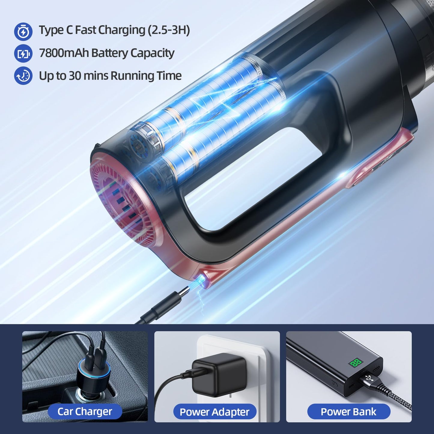 MONOZEL Car Vacuum Portable Cordless, 18000Pa 2 in 1 Vacuum Cleaner&Air Duster, 130W Brushless Motor Handheld Vacuum Cordless with 7800mAh Battery, LED Light, Multi-Nozzles for Car, Home, Office, Pet