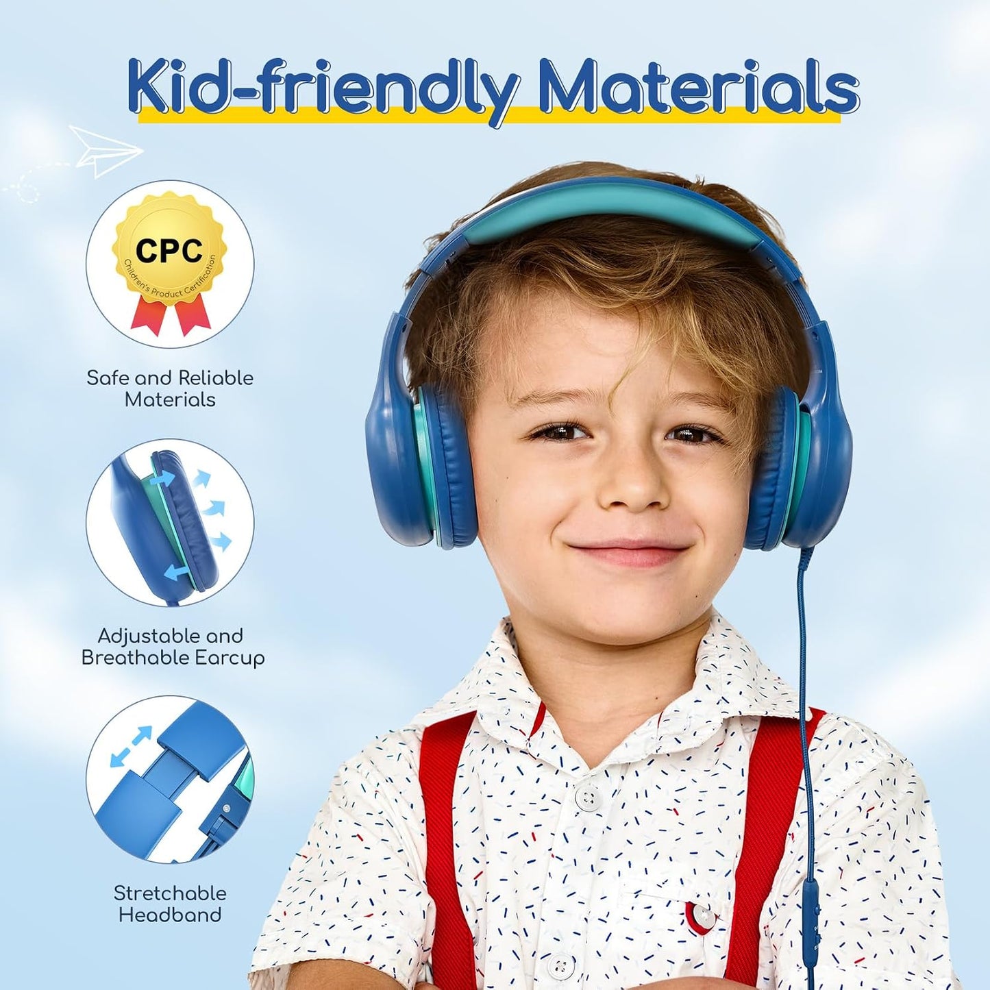 EarFun K1 Kids Headphones Wired with Mic, Volume Limit Headphones for Kids