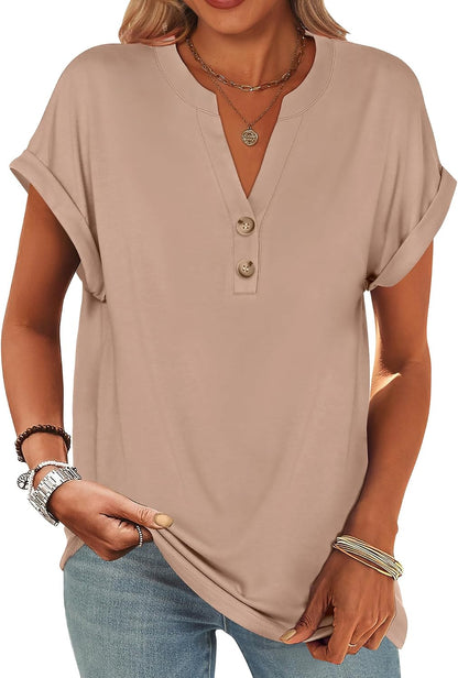 ANRABESS Womens Short Sleeve Henley Tops Summer Shirts Dressy Casual Blouse