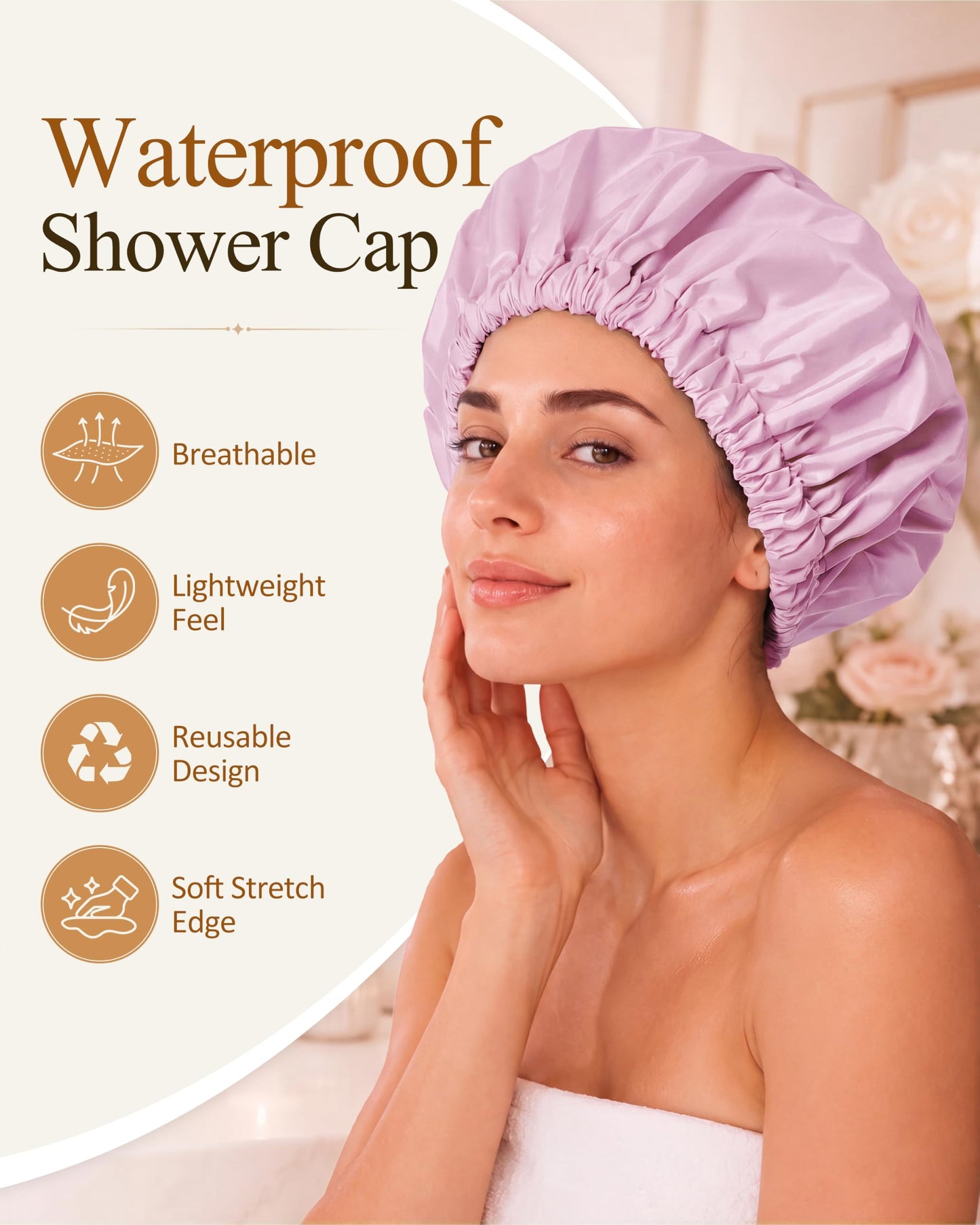 Edoneery Shower Caps for Women Reusable Waterproof, Shower Hair Cap