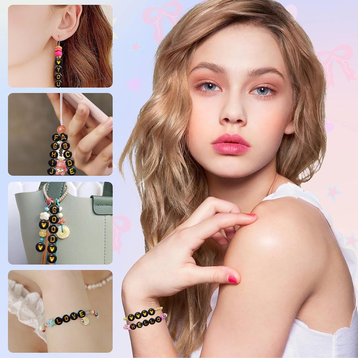Looconi 810pcs Gold Letter Beads Square 6x6mm White Cube Acrylic Alphabet A-Z with Heart Pattern and Crystal Line for Jewelry Making
