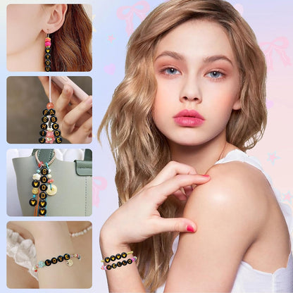 Looconi 810pcs Gold Letter Beads Square 6x6mm White Cube Acrylic Alphabet A-Z with Heart Pattern and Crystal Line for Jewelry Making