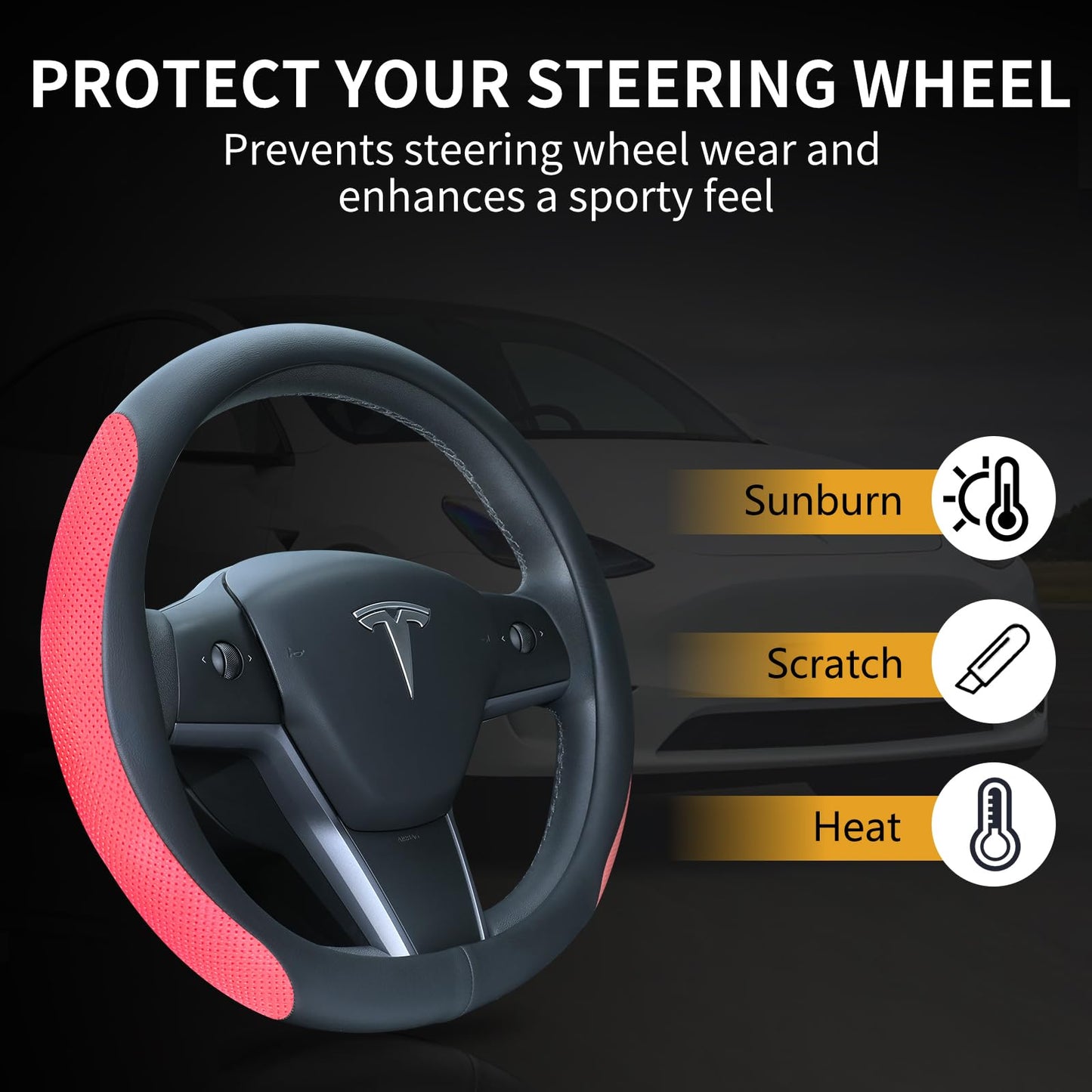 Uxcer Nappa Leather Steering Wheel Cover Compatible with Tesla Model 3/Y 2016-2025 2026 Juniper/Highland, Non-Slip Breathable Tesla Model 3/Y Steering Wheel Protector, White