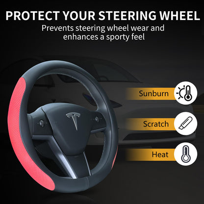 Uxcer Nappa Leather Steering Wheel Cover Compatible with Tesla Model 3/Y 2016-2025 2026 Juniper/Highland, Non-Slip Breathable Tesla Model 3/Y Steering Wheel Protector, White