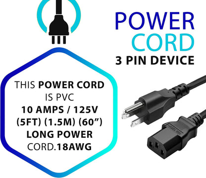 3 Prong AC Power Cord 10ft Long Standard | 125V-250V | for Computer, Monitor, TV, Printer, Power Supply PSU Electric Cable Replacement Power Cord