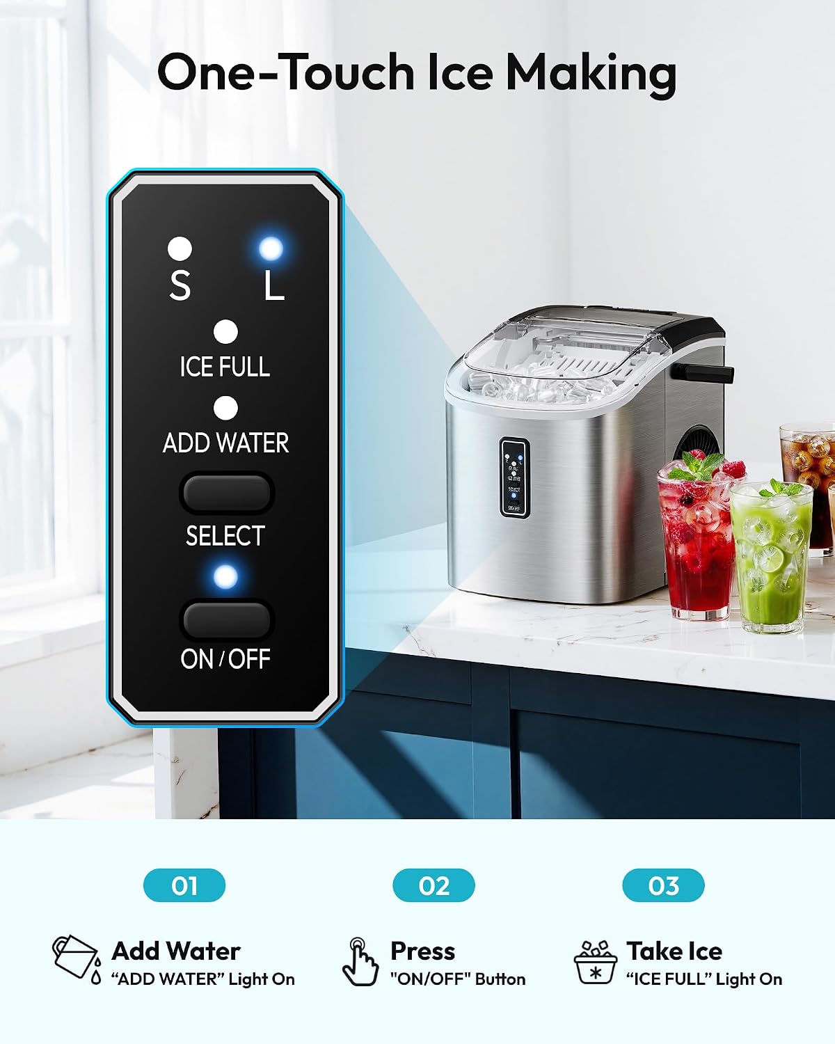 EUHOMY Ice Maker Countertop, 9 Cubes Ready in 6 Mins, 26lbs/24H, Self-Cleaning, Portable Ice Maker Machine with Carry Handle, Basket and Scoop, 2 Sizes of Bullet Ice for Home, Kitchen, Office