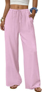 Sampeel Wide Leg Pants for Women Flowy Palazzo Drawstring Elastic Waist Trousers with Pockets Summer Beach Vacation Clothes