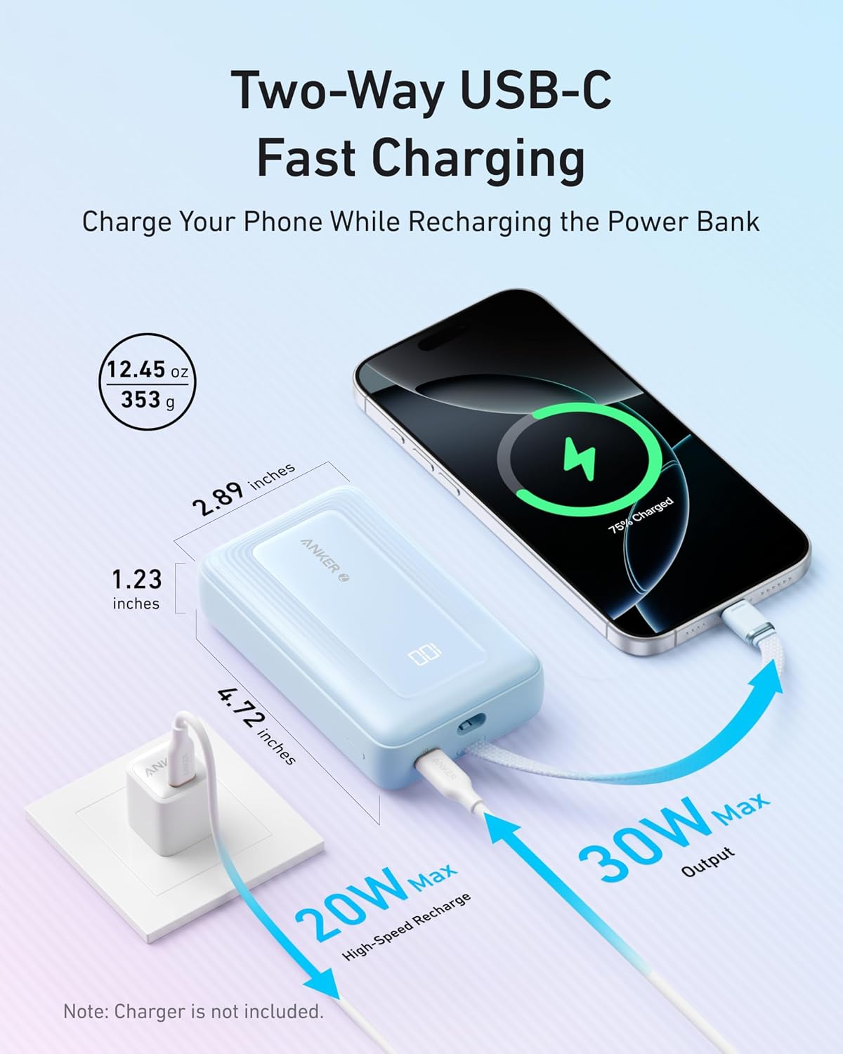 Anker Zolo Power Bank,20,000mAh 30W Portable Charger with Built-in USB-C