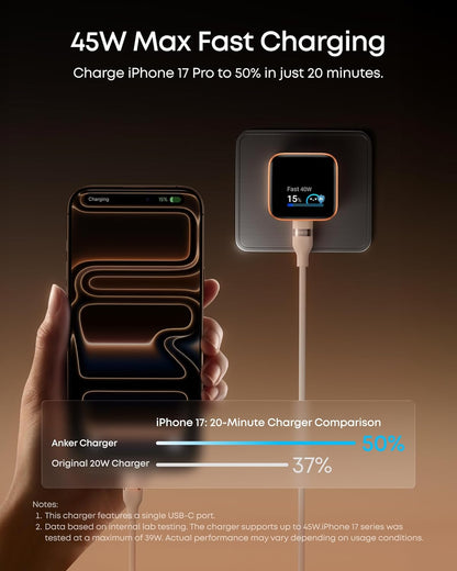 Anker Nano Smart Display Charger, 45W Max Fast Charger USB C for iPhone 17