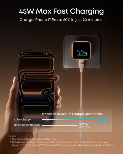 Anker Nano Smart Display Charger, 45W Max Fast Charger USB C for iPhone 17