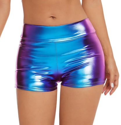 Women's Metallic Rave Booty Shorts Shiny High Waisted Bottoms for Dance Festival