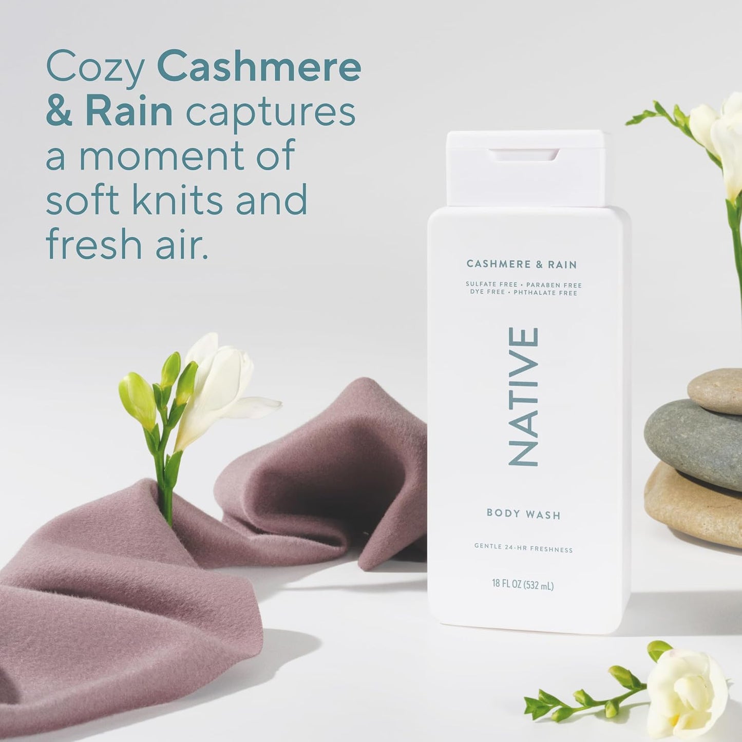 Native Clean Body Wash, Gentle & pH-balanced for Sensitive Skin, 24-Hr Freshness for Women & Men, Vegan & Cruelty-Free, Free of Sulfates, Parabens & Phthalates, Cashmere & Rain, 18 fl oz