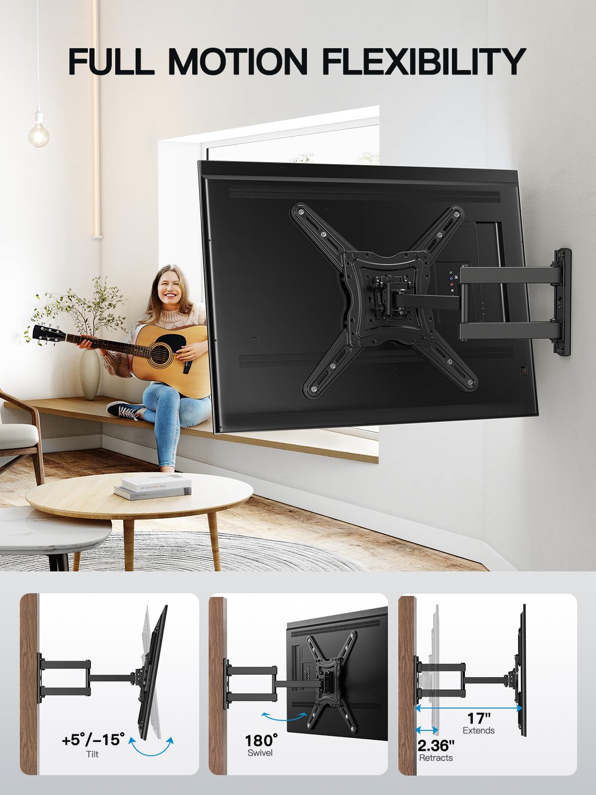 Pipishell Full Motion TV Wall Mount for Echo Show 21/15 and 13-43 Inch Flat Curved Screen TVs & Monitors, Max VESA 200x200mm up to 44lbs, TV Mount Wall Bracket with Rotation Swivel Tilt Extension