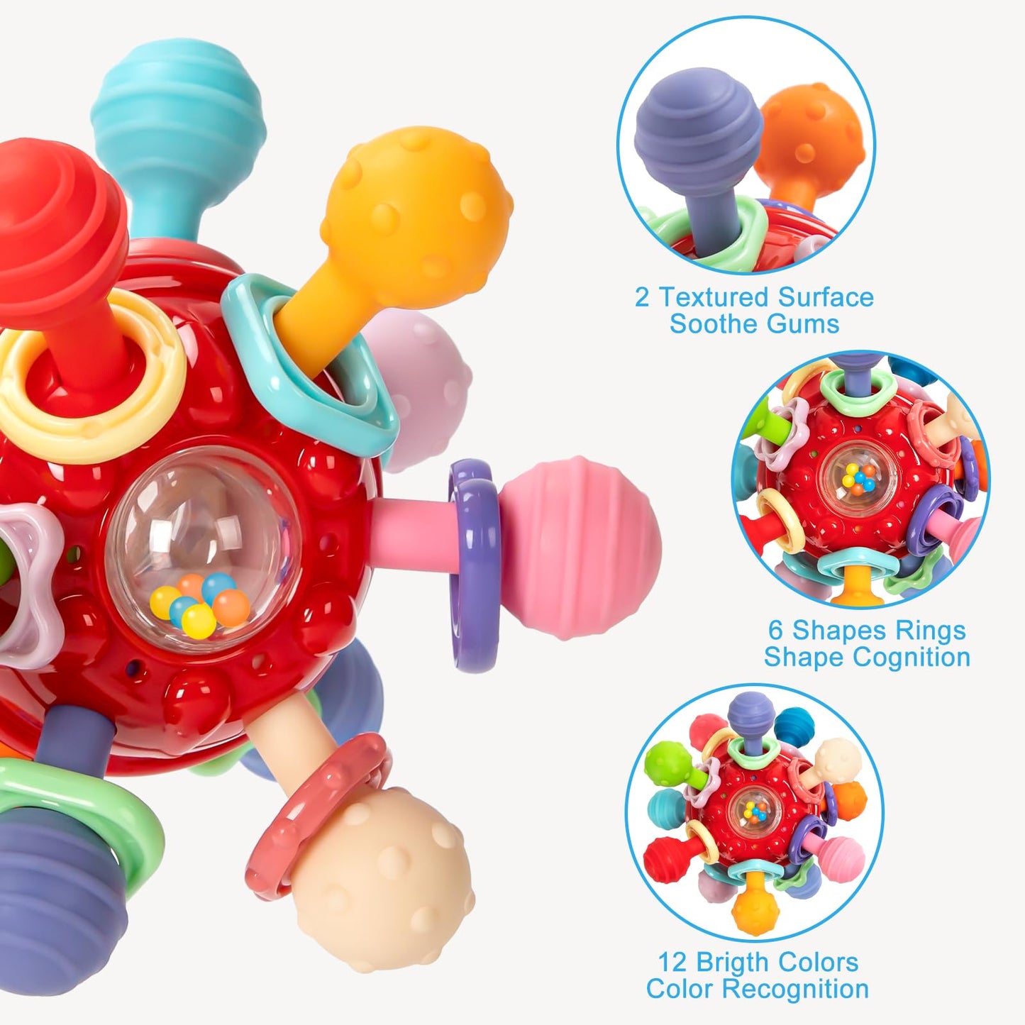 Baby Montessori Sensory Teething Toy 0-6 6-12 Months, Teether Ball & Rattle
