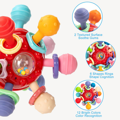 Baby Montessori Sensory Teething Toy 0-6 6-12 Months, Teether Ball & Rattle
