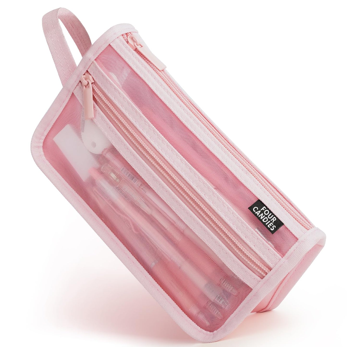 Four Candies Grid Mesh Pencil Case, Clear Double-layer with Handle (Purple)