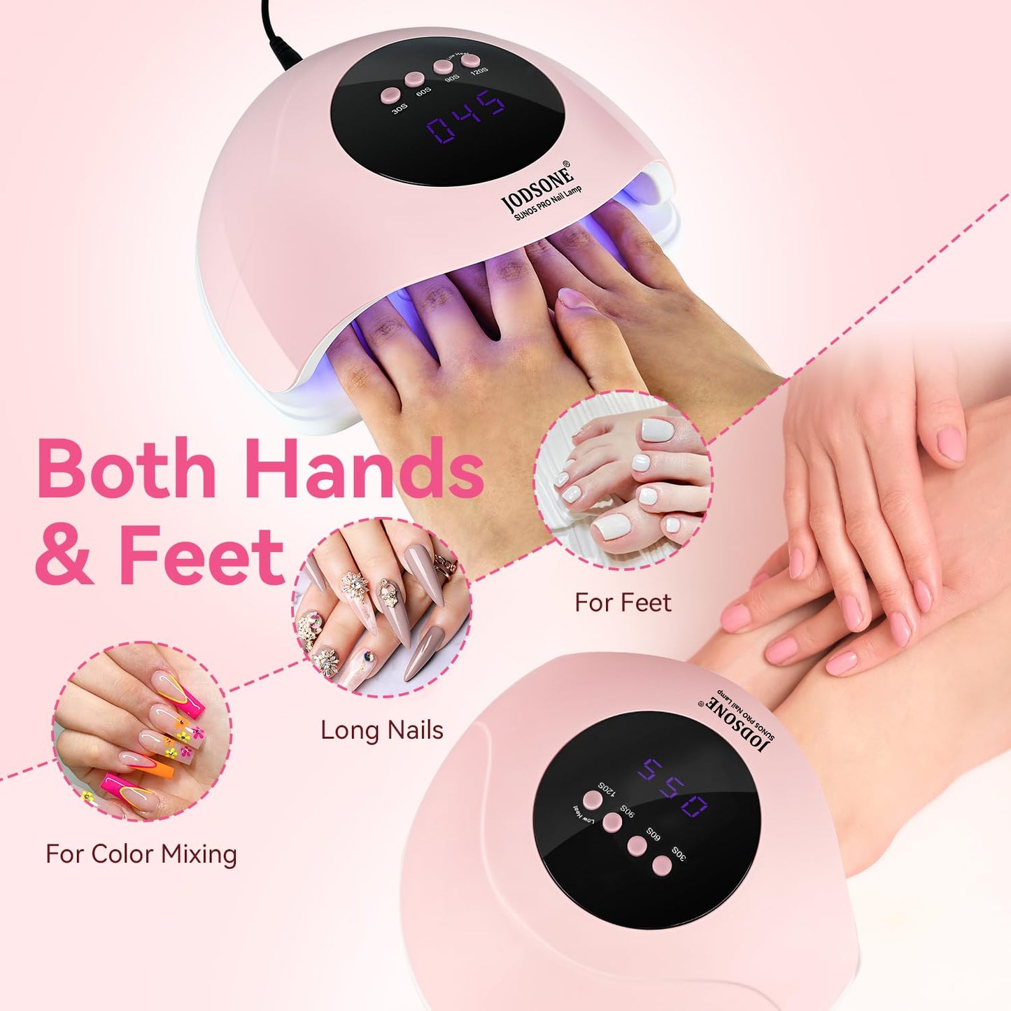 JODSONE U V LED Nail Lamp with Base Coat Top Coat Set, Nail Dryer for Gel Polish for Nails with Automatic Sensor & 4 Timers