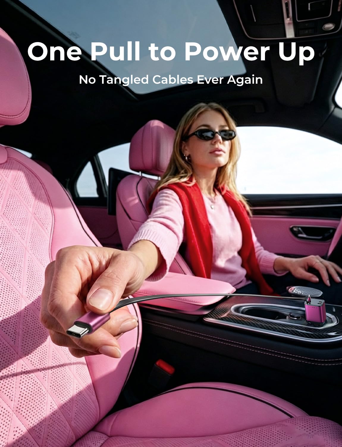 LISEN Retractable Car Charger, 84W Car Charger USB C Fast Charge, 4 in 1