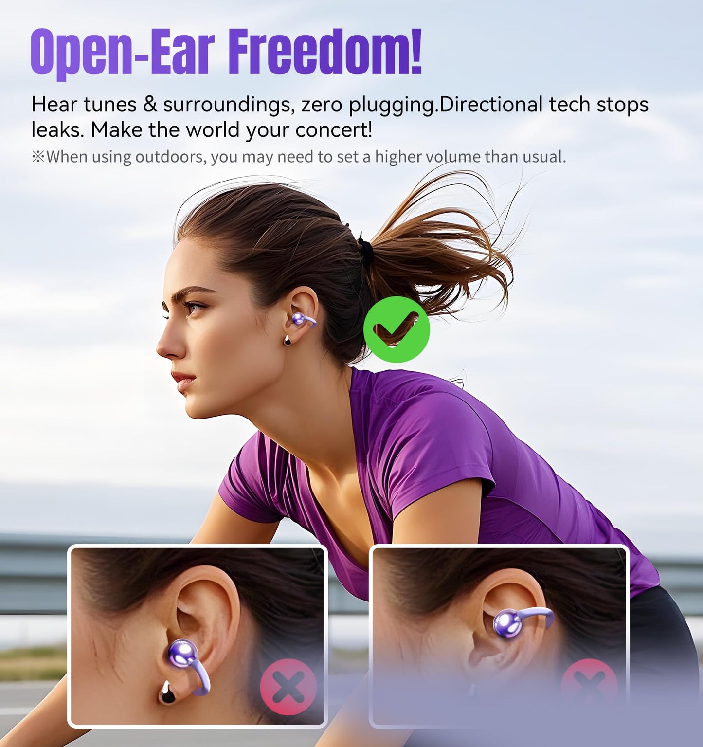 King Lucky Clip-On Earbuds Gen 3, Open-Ear Wireless Bluetooth 6.0 Headphones with Mic, Secure Fit for Small Ears & Glasses Wearers, 50H Playtime, ENC, IPX5 Waterproof Sport Ear Buds (Purple)