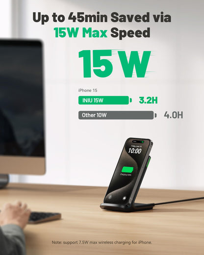 INIU Wireless Charger Station, 15W Fast Wireless Charging Stand for Official and Home Compatible with iPhone 17 16 15 14 13 12 Pro XS Samsung Galaxy S23 S22 S21 Note 20 Google etc