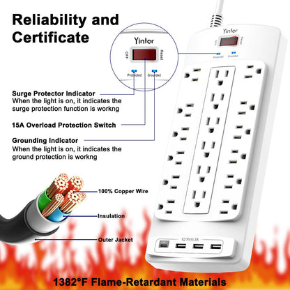 Yintar 6Ft Surge Protector Power Strip with 8 Outlets and 4 USB Ports