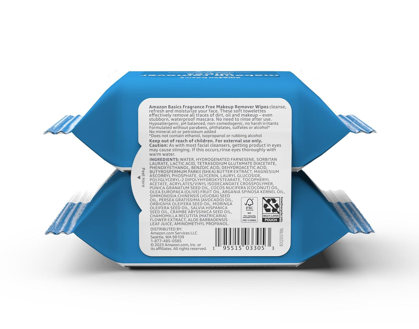 Amazon Basics Makeup Remover Wipes, Fragrance-Free, Alcohol-Free, Gentle Cleansing, Plant-Based, Dermatologist Tested, Removes Waterproof Mascara, Resealable, 25 Count, 1-Pack