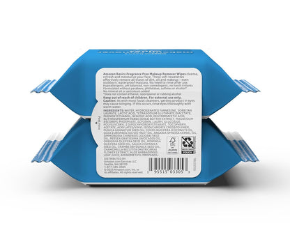 Amazon Basics Makeup Remover Wipes, Fragrance-Free, Alcohol-Free, Gentle Cleansing, Plant-Based, Dermatologist Tested, Removes Waterproof Mascara, Resealable, 25 Count, 1-Pack